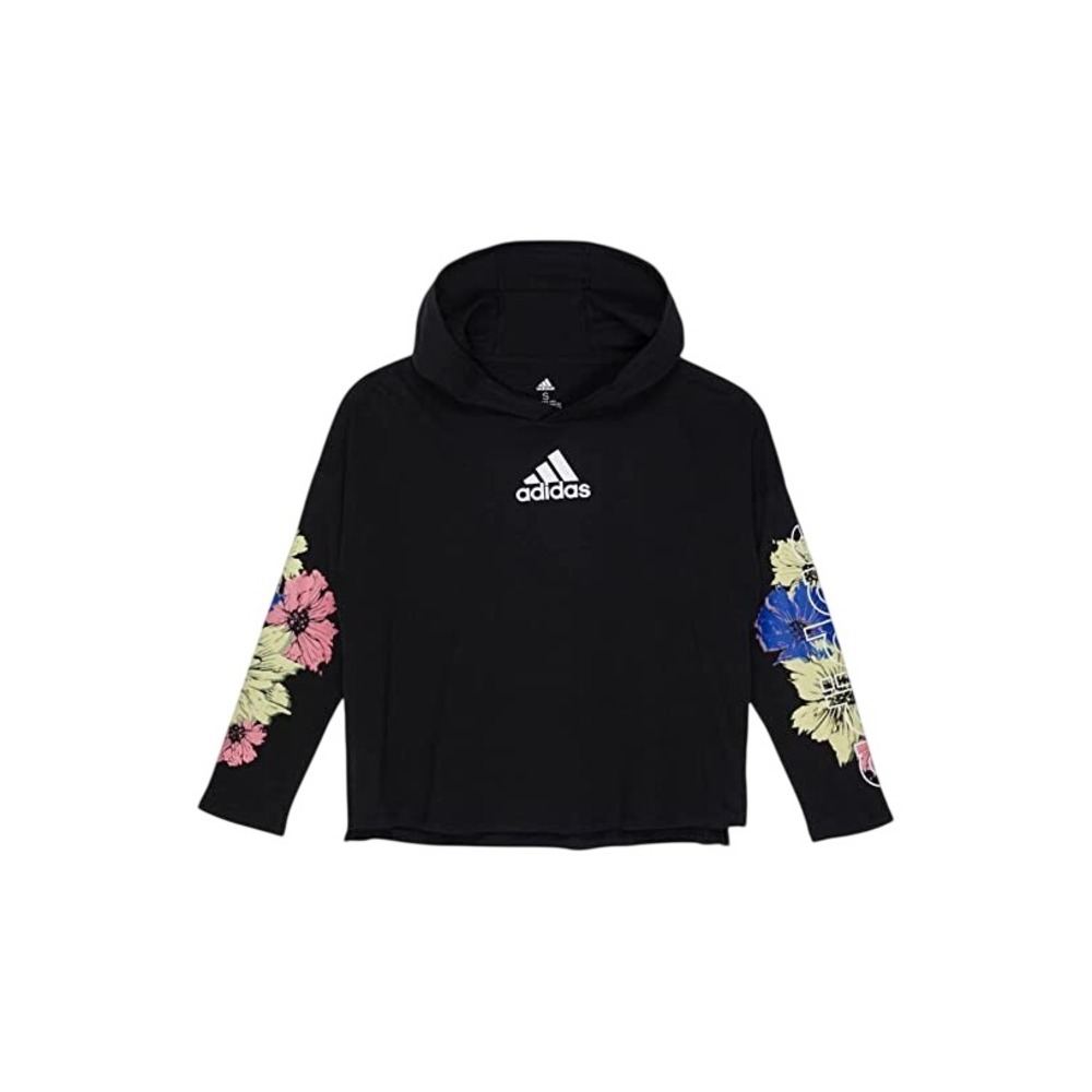 Adidas Girls' Long Sleeve Curved Hem Hooded Tee Black Multi Size Large 14